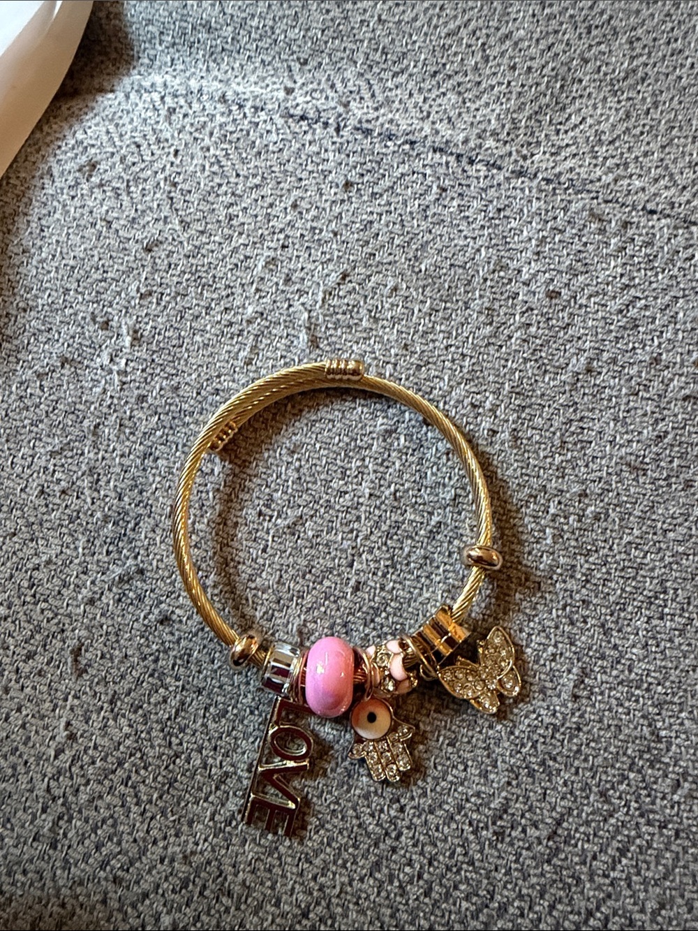 Gold Charm Bracelet with Pink Bead and Butterfly Charms